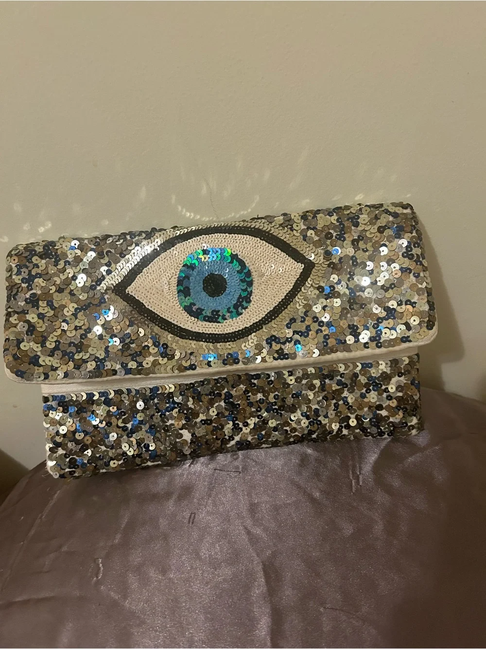 Evil Eye Fold-Over Cream Canvas Clutch W/Silver and Blue Sequins Crossbody strap
